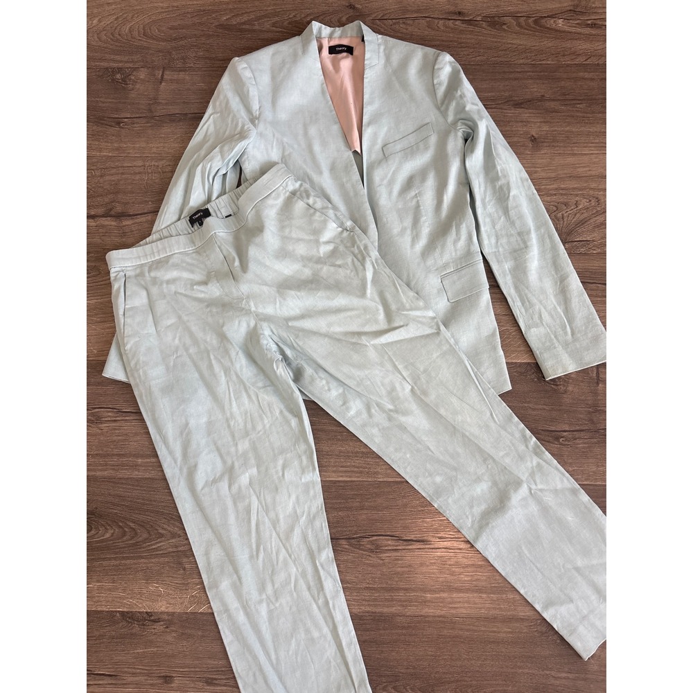 Theory Womens Linen Suit Set Seafoam Green Eco Crunch Jacket 6 Treeca Pants 6